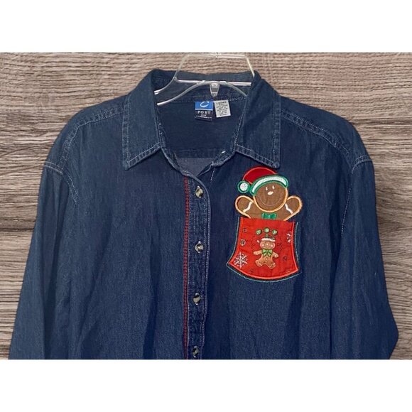Denim Button-Up Shirt Gingerbread Man Christmas Pocket Design Holiday Party - Picture 1 of 7
